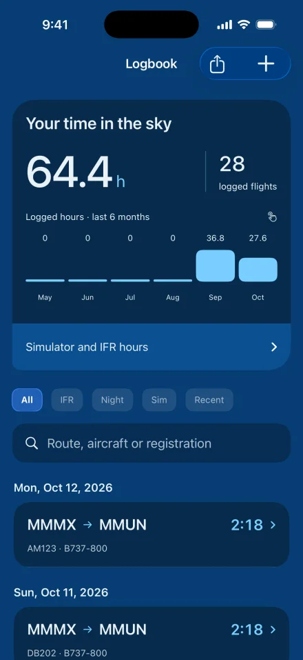 DEBRIEF logbook showing recorded flights and hours