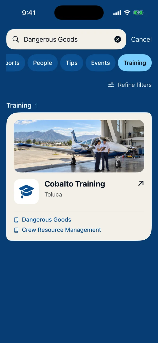 DEBRIEF training search, showing a sample centre and courses