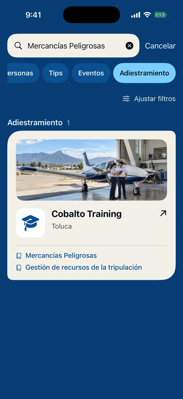 Búsqueda de adiestramiento en DEBRIEF, con un centro y sus cursos de ejemplo